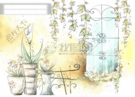 HanMaker韩国设计素材库背景淡彩色调意境绘画风格树藤窗台花盆