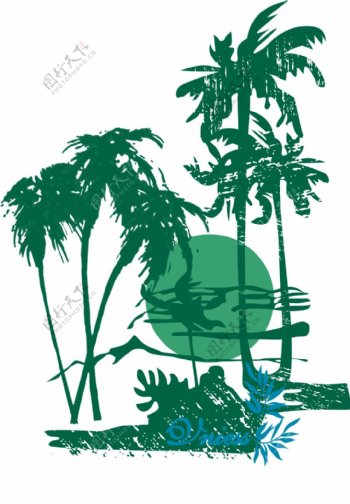 印花矢量图树椰树色彩绿色免费素材