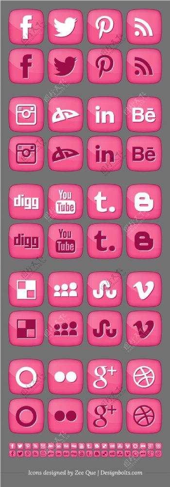 20粉红色圆形的社交媒体图标包