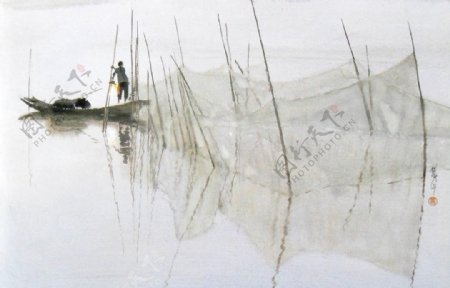 水彩画洞庭渔光曲图片