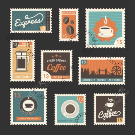 9款复古咖啡相关邮票