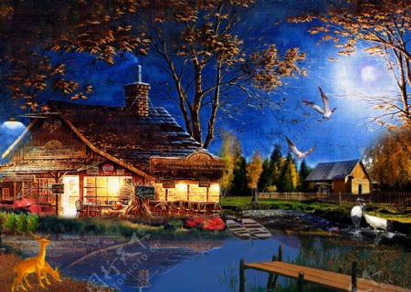 油画风景乡村夜色图片