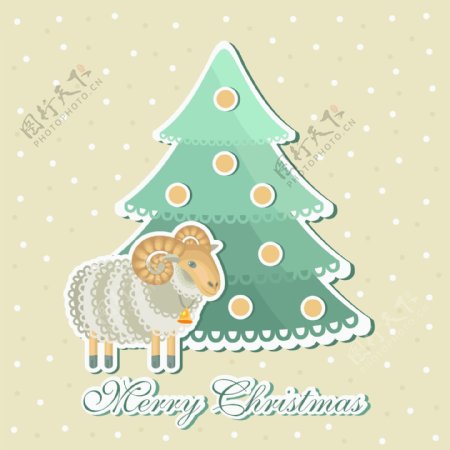复古绵羊与圣诞树卡片矢量素材.