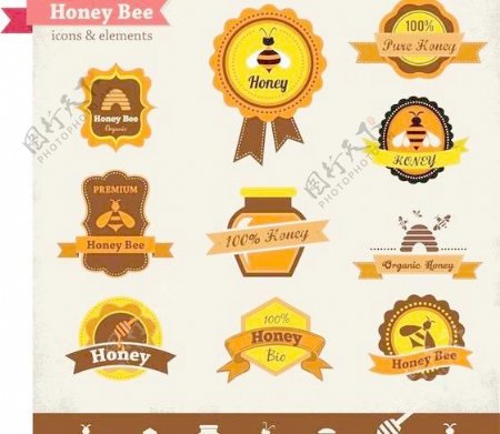 蜜蜂和蜂蜜的复古风格的主题图标瓶贴设计元素矢量素材