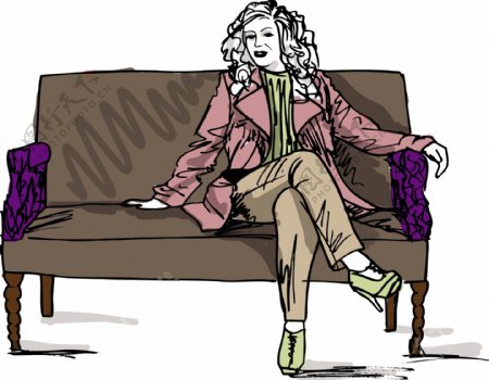 美丽的女人坐在沙发上奢华复古插画矢量图