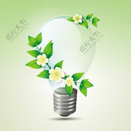 绿色的叶子和电灯泡节省能源的概念