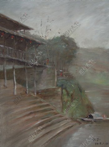 油画写生自贡仙市古镇船舶码头图片