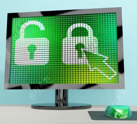 挂锁图标在计算机屏幕上显示的安全保障和保护