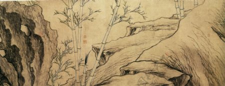 中国花鸟画名家张逊真迹双钩竹及松石图之三