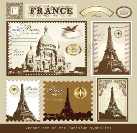 法国巴黎矢量素材建筑邮票