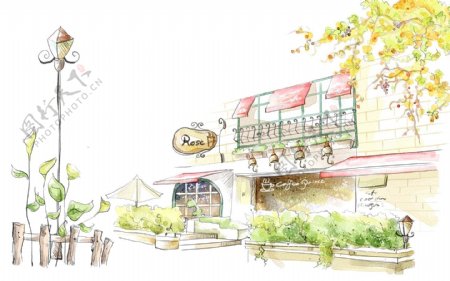 韩风手绘水彩插画咖啡厅街景