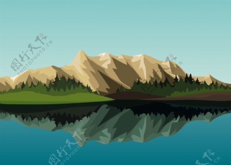 卡通山脉湖水图片