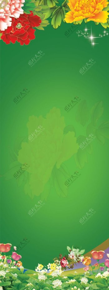 绿色牡丹花卉背景展架PSD分层模板