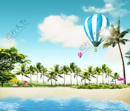 椰树沙滩海洋风景PSD素材