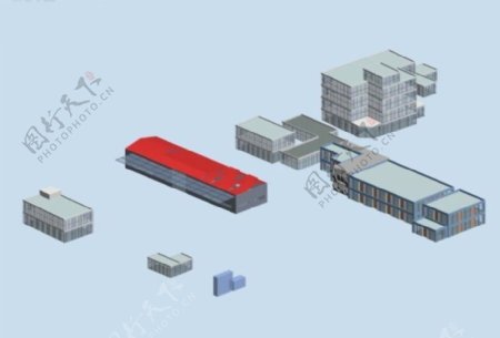 现代厂房组合建筑3d效果图