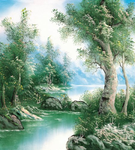 水边树木风景油画