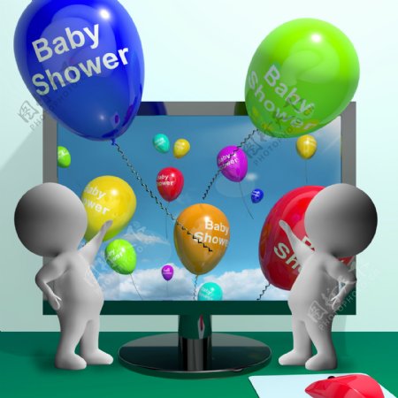 婴儿淋浴的气球从计算机显示出生聚会的邀请