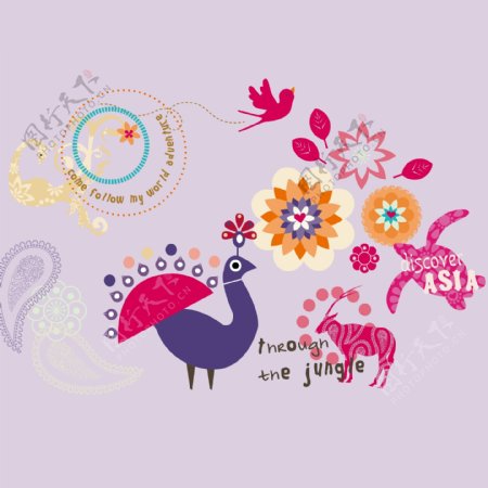 印花矢量图婴童色彩鸟类紫色免费素材