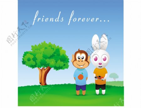 快乐友谊日背景和自然背景的猴子和兔子的朋友