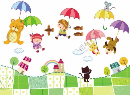 撑雨伞飞翔的儿童图片