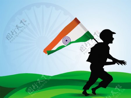 摘要背景与印度国旗的士兵和运行旗剪影