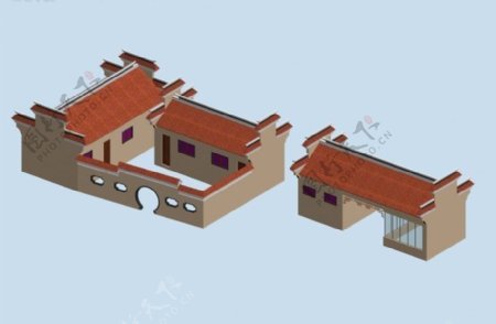 中国风古建红瓦小房子3D模型
