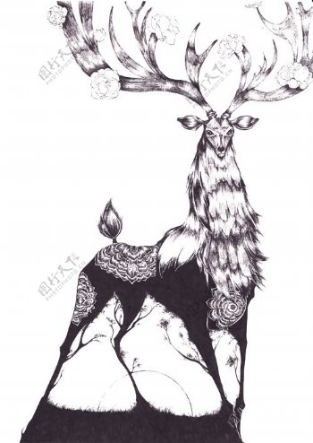 位图艺术效果手绘动物鹿免费素材