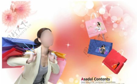 韩国美女与购物袋PSD分层素材