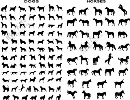 马和狗各种动作剪影矢量素材