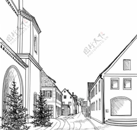手绘素描建筑街道楼房图片