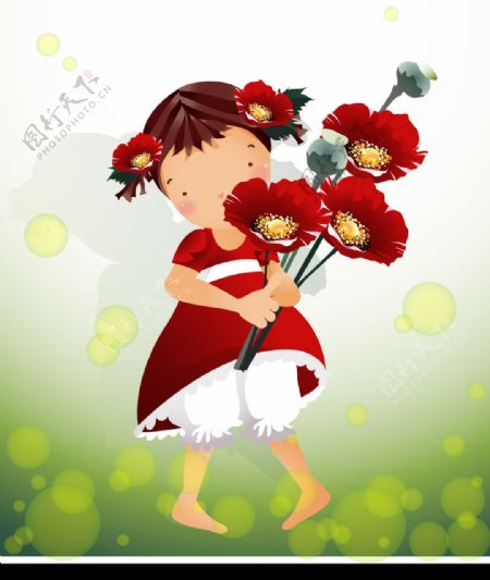 女孩红色花朵图片
