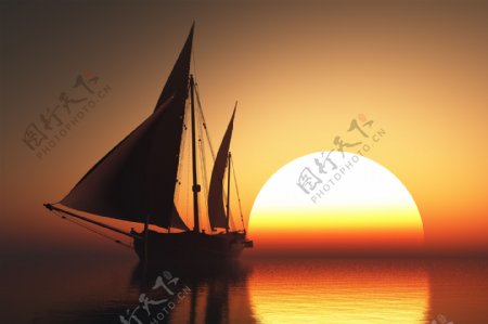 夕阳帆船美丽风光图片