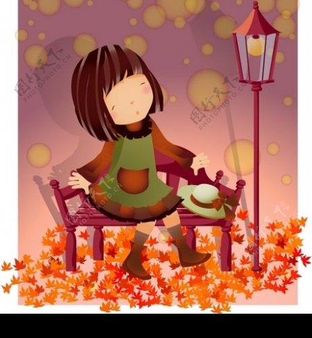 秋天长椅上的小女孩图片