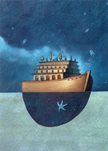 夜空下的船插画图片