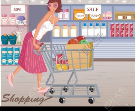 卡通女性超市购物图片
