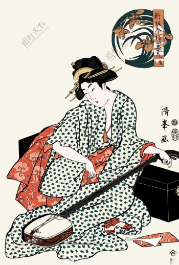 日本浮世绘弹琴图片