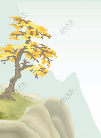 矢量悬崖边黄色树图片