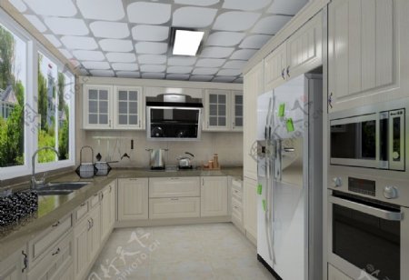 欧式厨房白色3D效图片