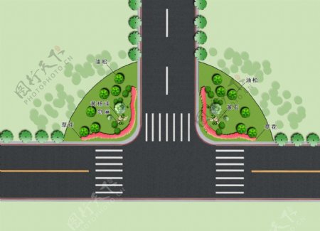 道路交叉口节点绿化方案图片