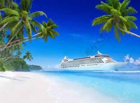 大海沙滩椰树邮轮图片