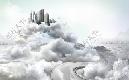 3d天空云中公路通往城市建筑图片