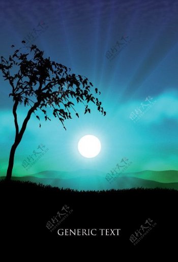 日落树木草地天空矢量素材图片