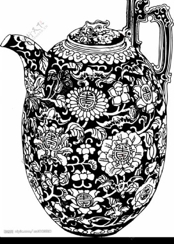 精美的雕花牡丹瓷花茶壶矢量图片
