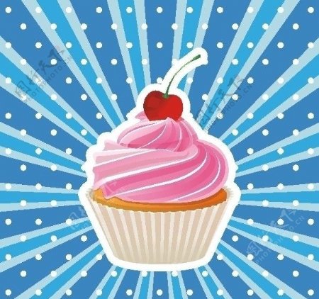 冰蓝背景粉红樱桃纸杯蛋糕图片