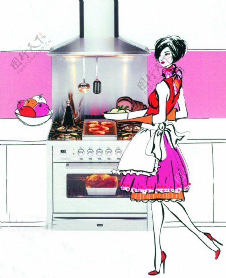 手绘时尚女性在厨房准备膳食图片