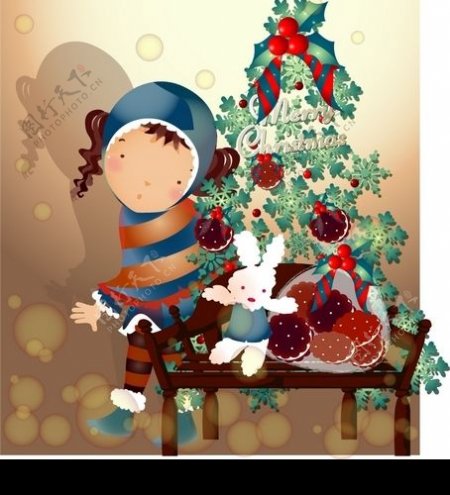 可爱小女孩与圣诞树图片