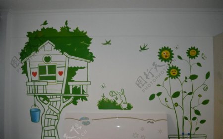 手绘墙小清新儿童房图片
