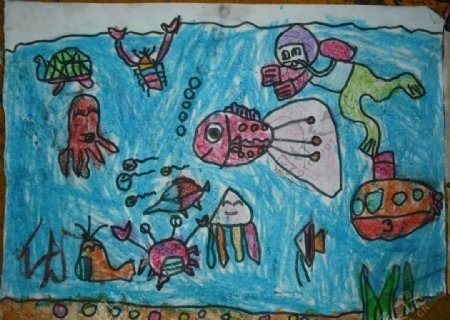 儿童蜡笔画海底世界图片