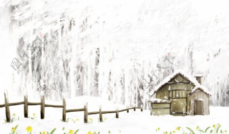 雪中草屋图片