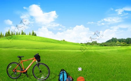 草地自行车风景素材图片